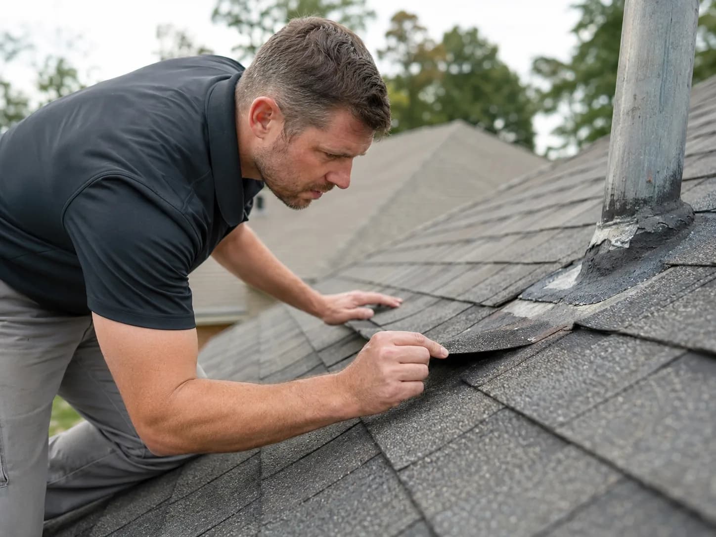 A close inspection of damaged shingles and flashing around a roof vent.