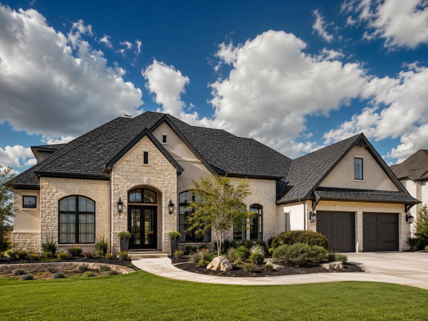 A large sunlit Texas-style home with a strong asphalt shingle roof. Roofing service coverage in Denton, TX.
