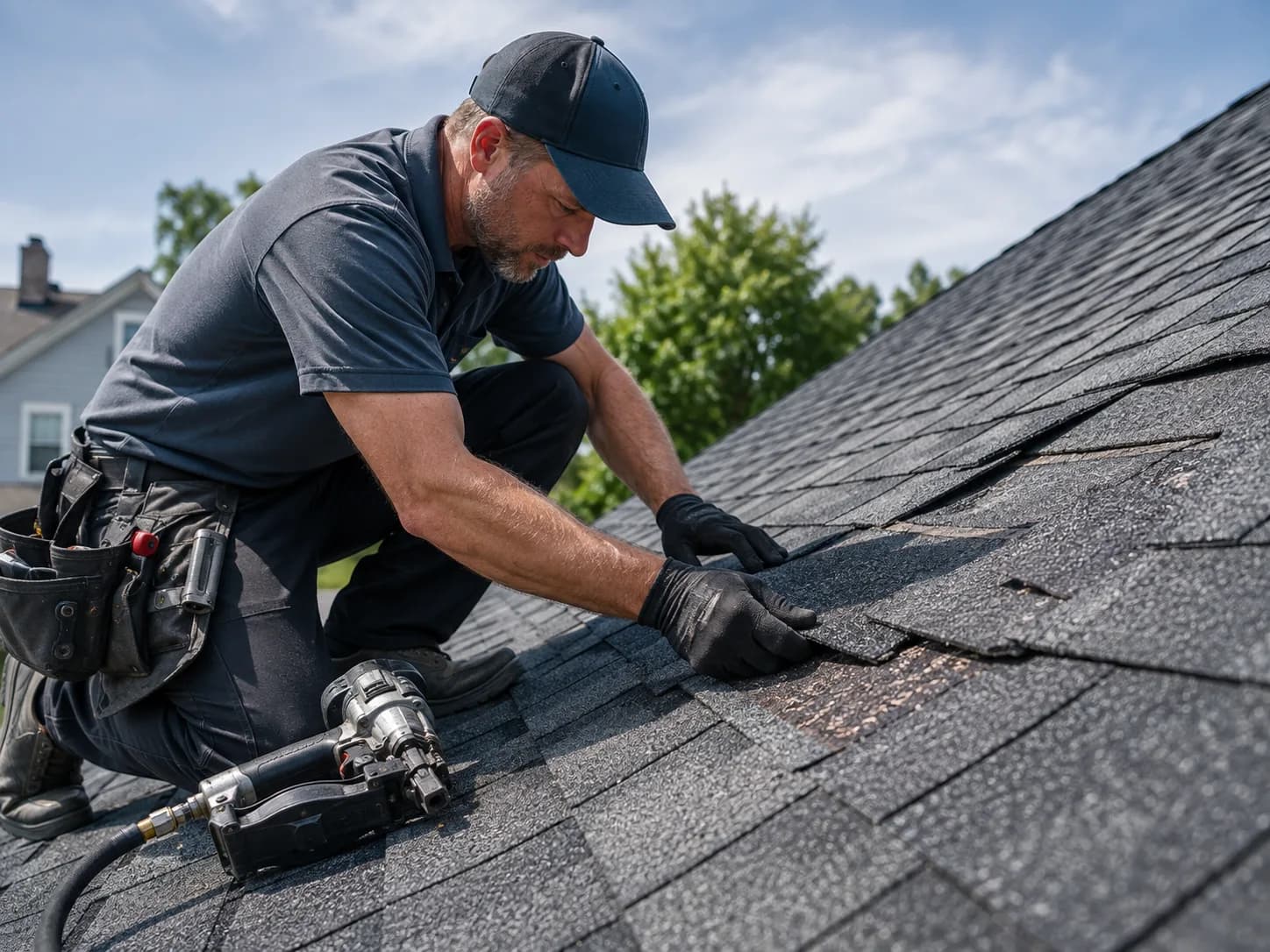 A roofer repairing damaged shingles on a residential roof.