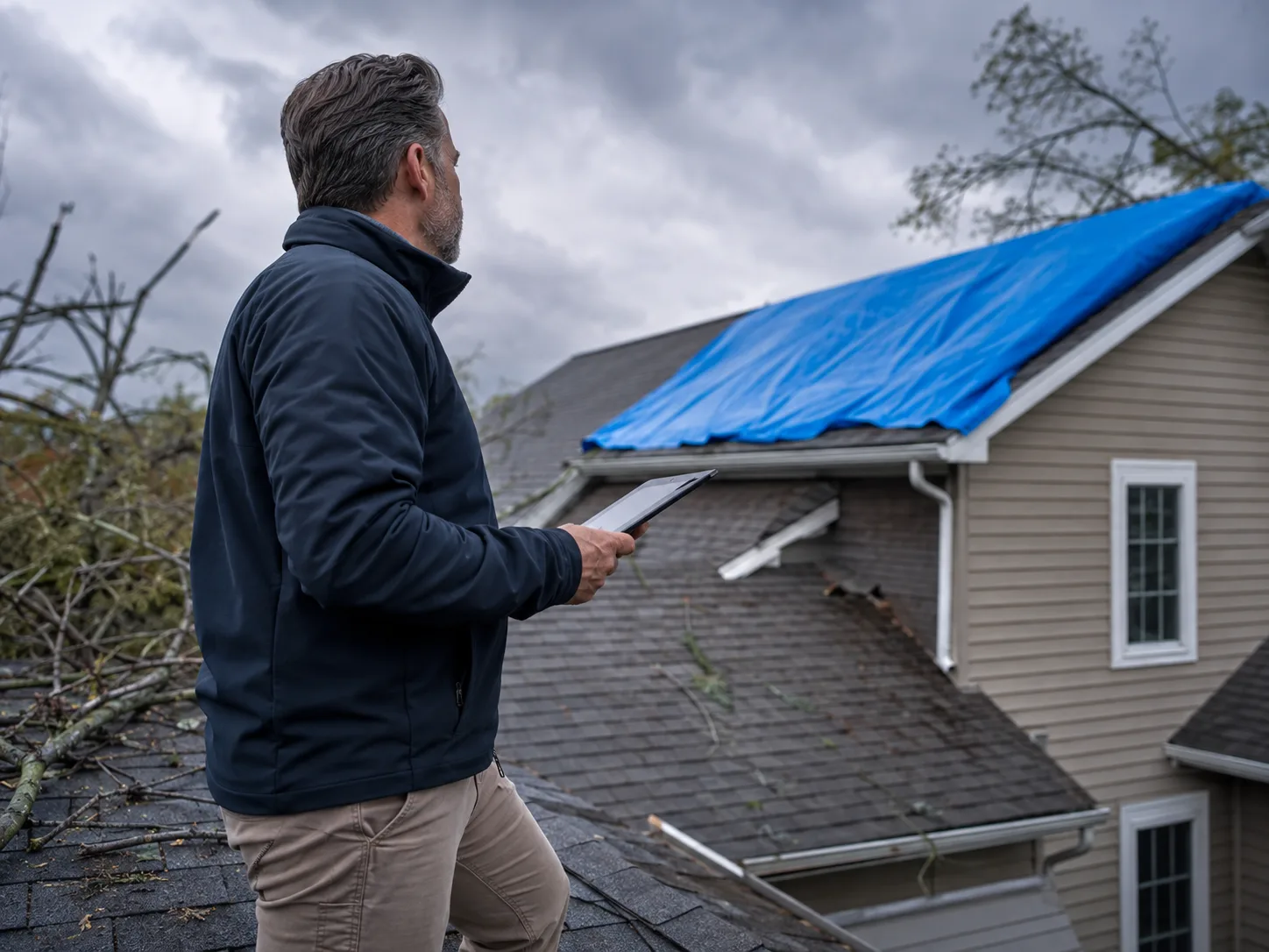A professional inspecting storm-related roof damage on a home.