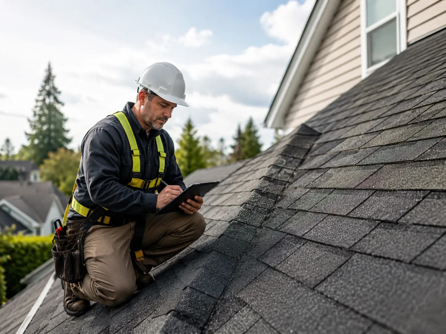 A roofing professional inspecting an asphalt shingle roof.