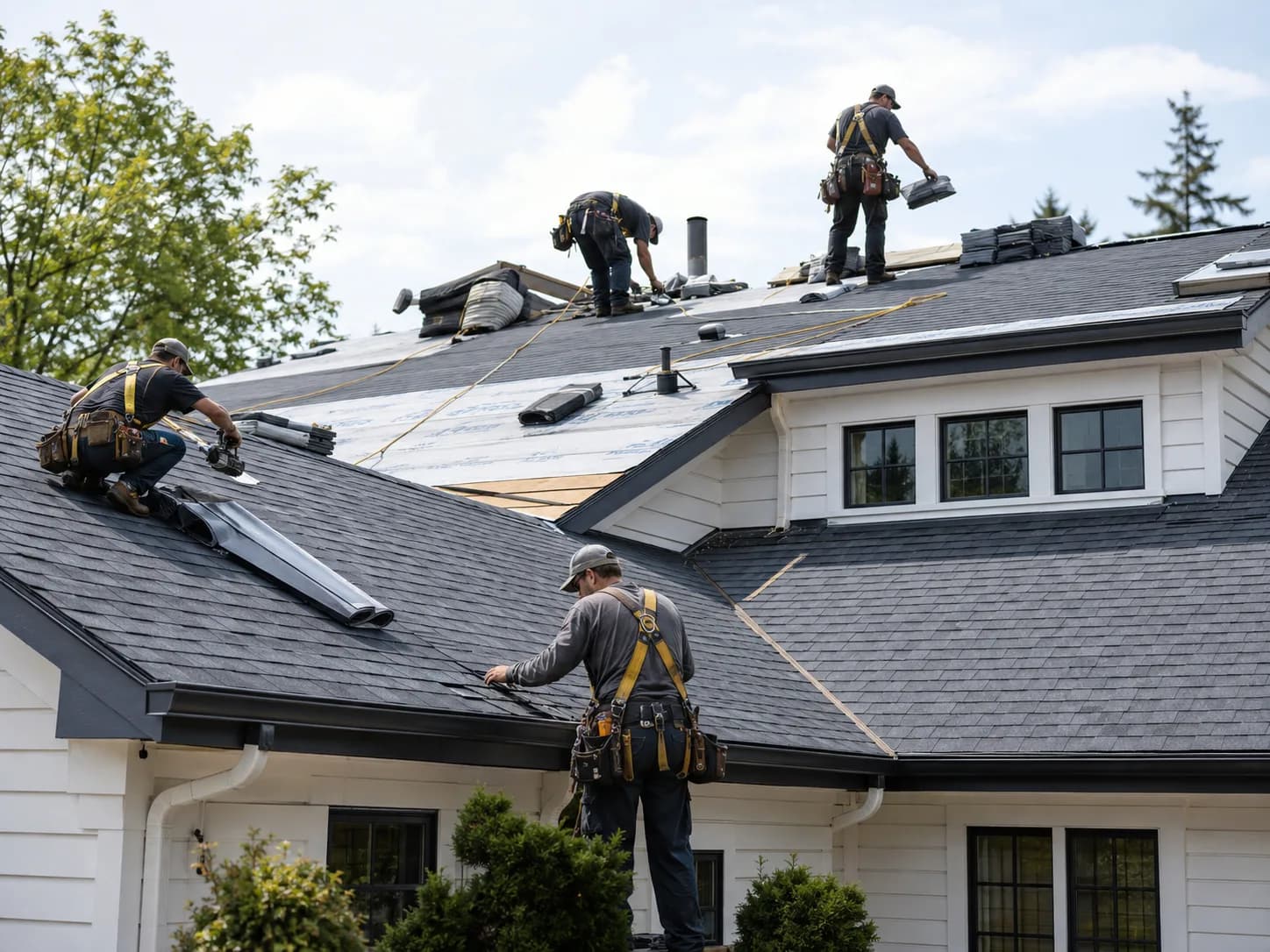 A professional roofing crew working on a residential roof replacement.